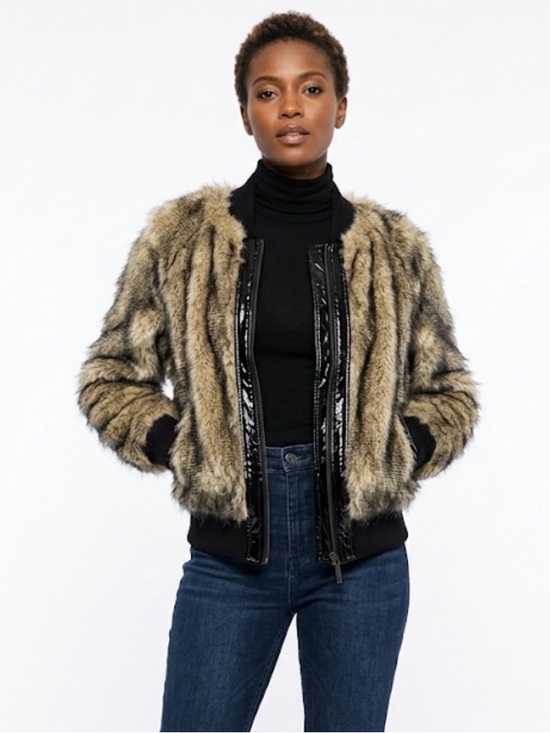 Vertigo Paris Faux Fur Bomber Jacket – Tan & Black – Size Large - Picture 10 of 10